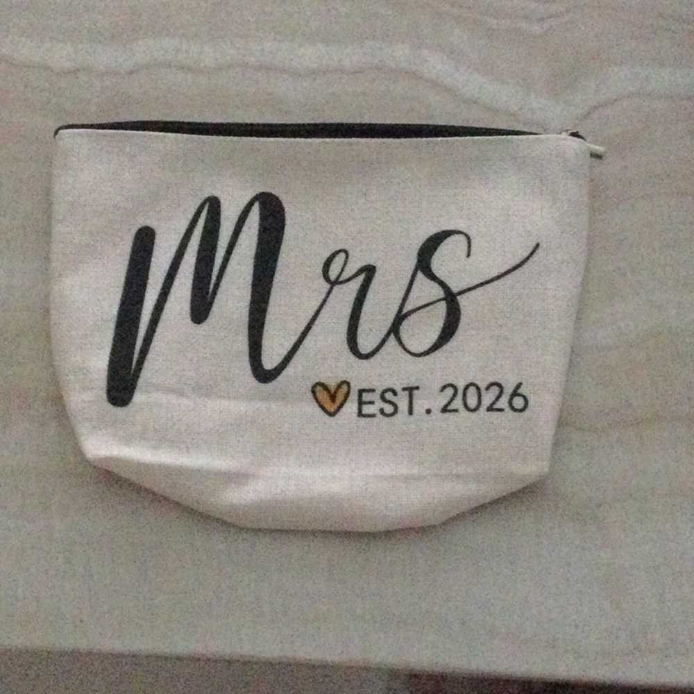 Mrs. Est. 2026 Canvas Cosmetic Pouch - White with Black & Gold Accent